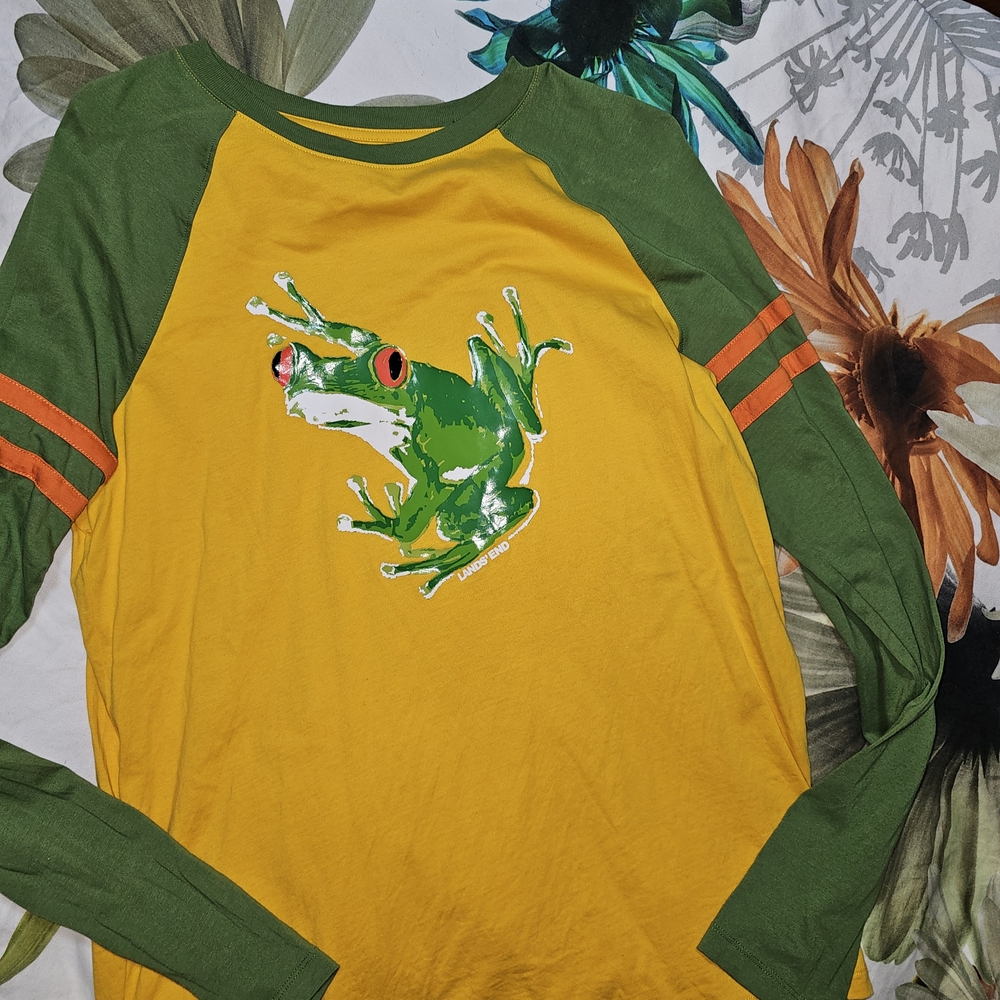 Lands' End Green and Yellow Frog Long Sleeve Tee